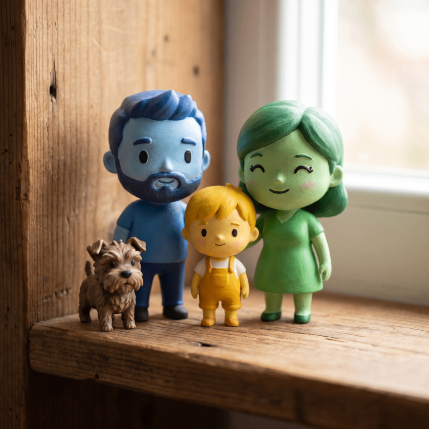 Painted family figurines with dad, mum, child and dog