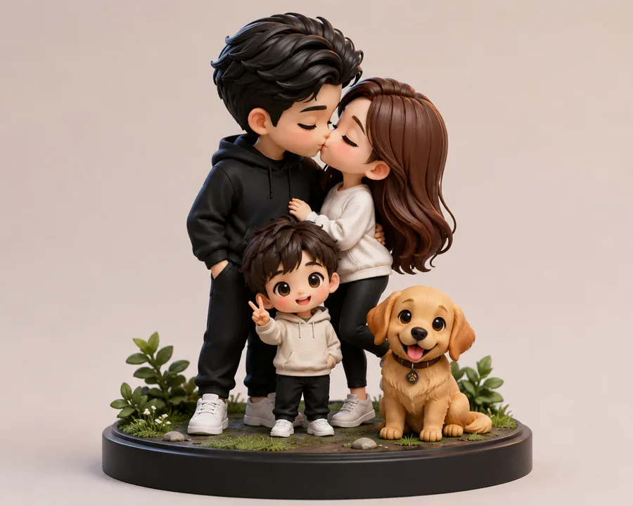 Chibi-style 3D printed figurine of a couple kissing with their young son and golden retriever on a black display base