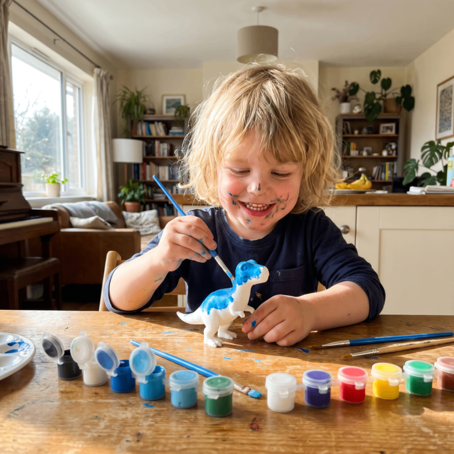 Child happily painting a dinosaur figurine
