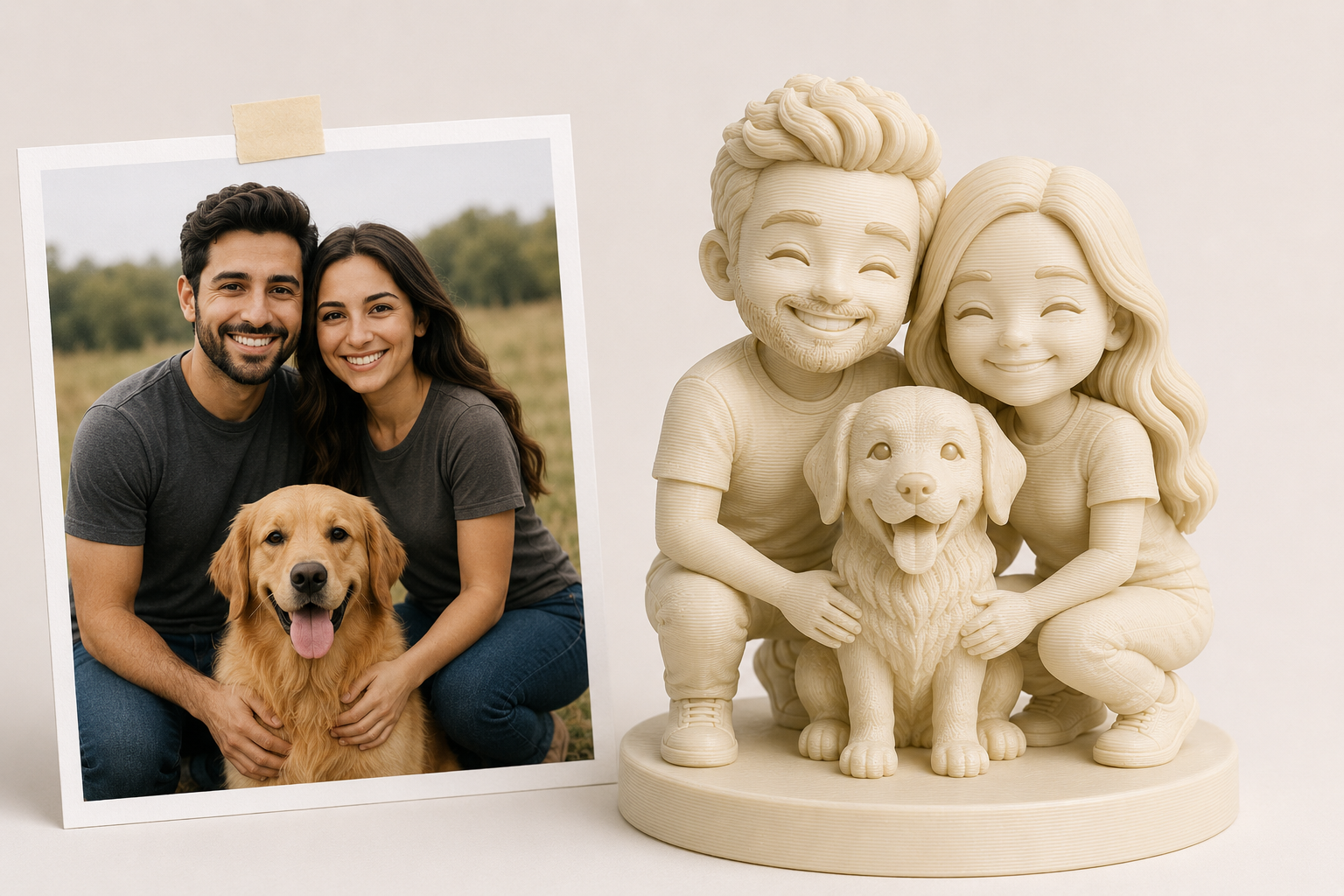 Blank couple and dog figurine beside a photo of the couple