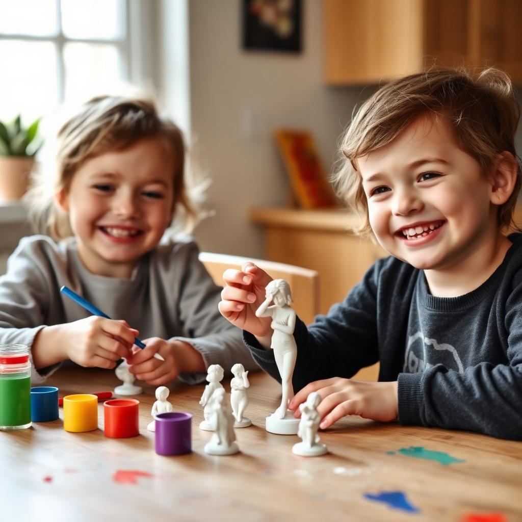 Two kids painting figurines together